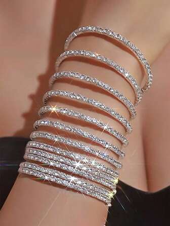1 Set Of Multiple Strips Dazzling Sparkling Rhinestone Stretch Bangles Set - Adjustable Elastic Design, Bling Bridal Wedding Party Style, Nightclub Decor, Fashionable Accessory For Women, Perfect Gift For Friends And Family