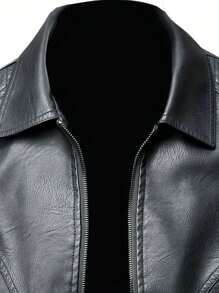 Non-Stretch Regular Fit Men's Casual Hooded Leather Jacket With Zipper, Solid Color, Polyester Fiber, Pockets - GSON Style