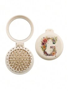 1pc Valentine's Day Flower Aesthetics 26-Letter Mirror Comb, Best Maid Of Honor, Teacher, Friend Gift, Graduation Essential Portable Backrest Comb, Foldable Air Cushion Comb, Travel Camping Essential,Hair Brush,Comb,Hair Tools,Hair Products And Accessories For Barber Salon Beauty Travel Essentials