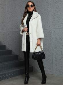 RELISH NOLESS Women Snap Button Fluffy Coat - Beige - View 7