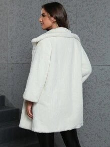 RELISH NOLESS Women Snap Button Fluffy Coat - Beige - View 3