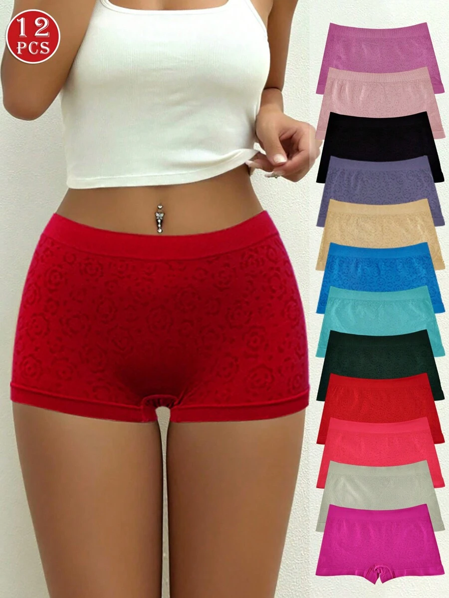 12 sztuk Jednolitych Kolorowych Bezszwowych Elastycznych Majtek Podnoszących Talię, Miękkich Wygodnych Minimalistycznych Kobiet Codzienna Bielizna