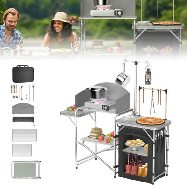 LILIIN Table de cuisine de camping pliable avec armoire de camping, brise-vent et plan de travail en MDF, cuisine extérieure pliable avec support de lampe, sac de transport, idéale pour le camping, les barbecues, les pique-niques et les voyages