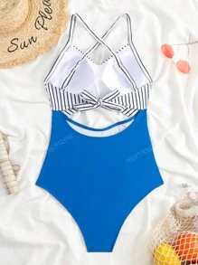Costume da bagno intero sexy con schiena scoperta e lacci regolabili, patchwork a righe e tinta unita, effetto snellente, design traforato, per l estate