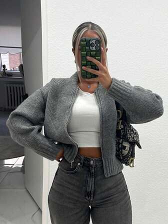 HH Women's Casual Zip Solid Color Long Sleeve Knitted Sweater Jacket