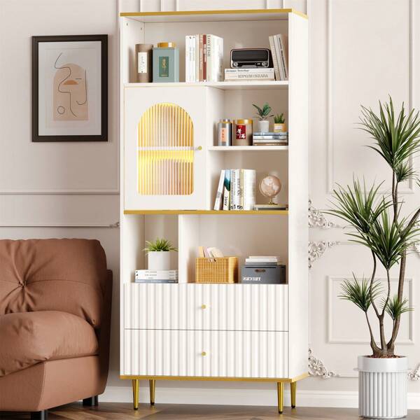 okwish Vitrinekast boekenkast met LED-verlichte glazen fronten, 5 open vakken en 2 laden - flexibele en verstelbare planken, 78*36*190 cm, wit