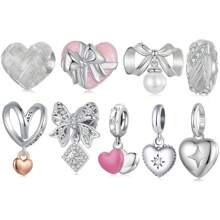 bamoer 1 PC 925 Sterling Silver Pink Heart-Shaped Charm Bowknot Bead Fit Original Bracelet DIY Making Valentine's Day Jewelry Valentines - Silver - View 1