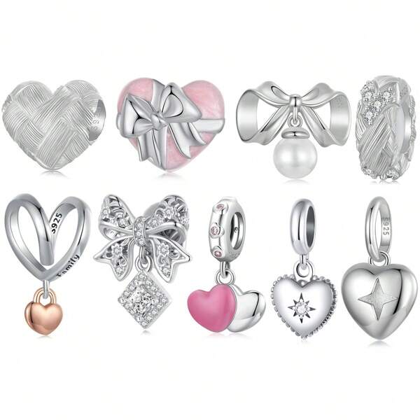 bamoer 1 PC 925 Sterling Silver Pink Heart-Shaped Charm Bowknot Bead Fit Original Bracelet DIY Making Valentine's Day Jewelry Valentines