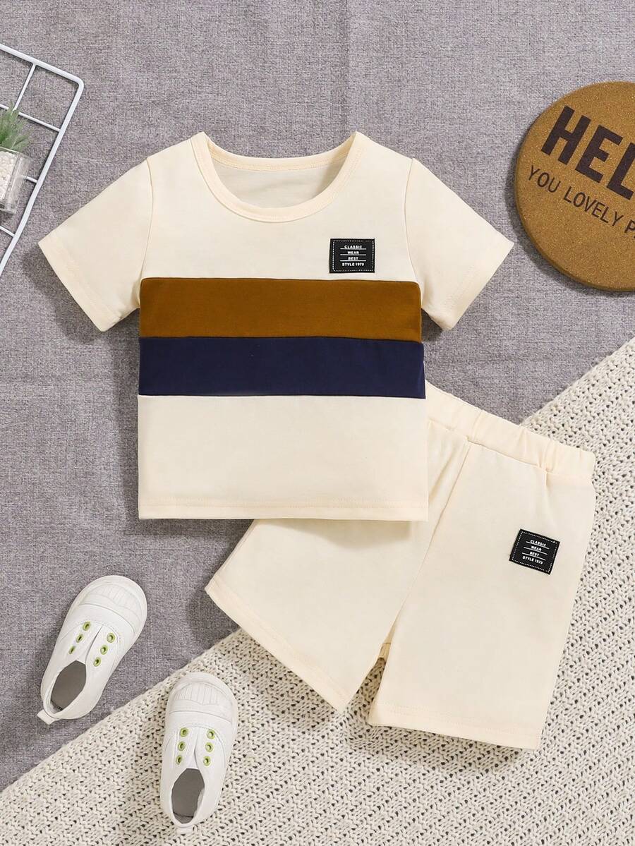 2pcs/Set Baby Boys' Casual Splicing Color Block T-Shirt And Shorts Set, Spring/Summer - Multicolor - View 1