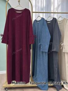 One Piece Autumn Winter Women Corduroy Closed Abaya Bowknot Sleeve Causal Long Dress With Pockets Moroccan Arab Robes, Modest
