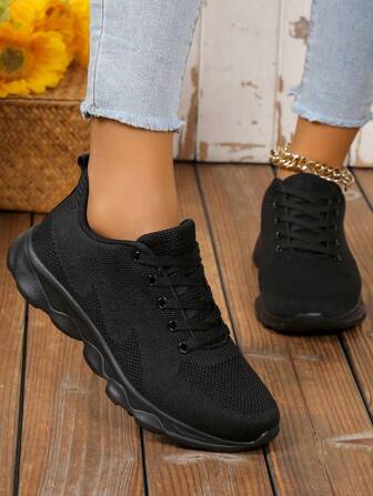 女式简约纯色抽象条纹装饰系带面料运动鞋