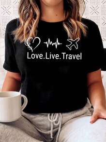 Casual Women's Black Round Neck Short Sleeve T-Shirt With Love Live Travel Graphic Print - màu đen - Xem 2