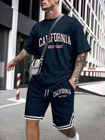 男士加州字母印花短袖 T 恤短裤套装
