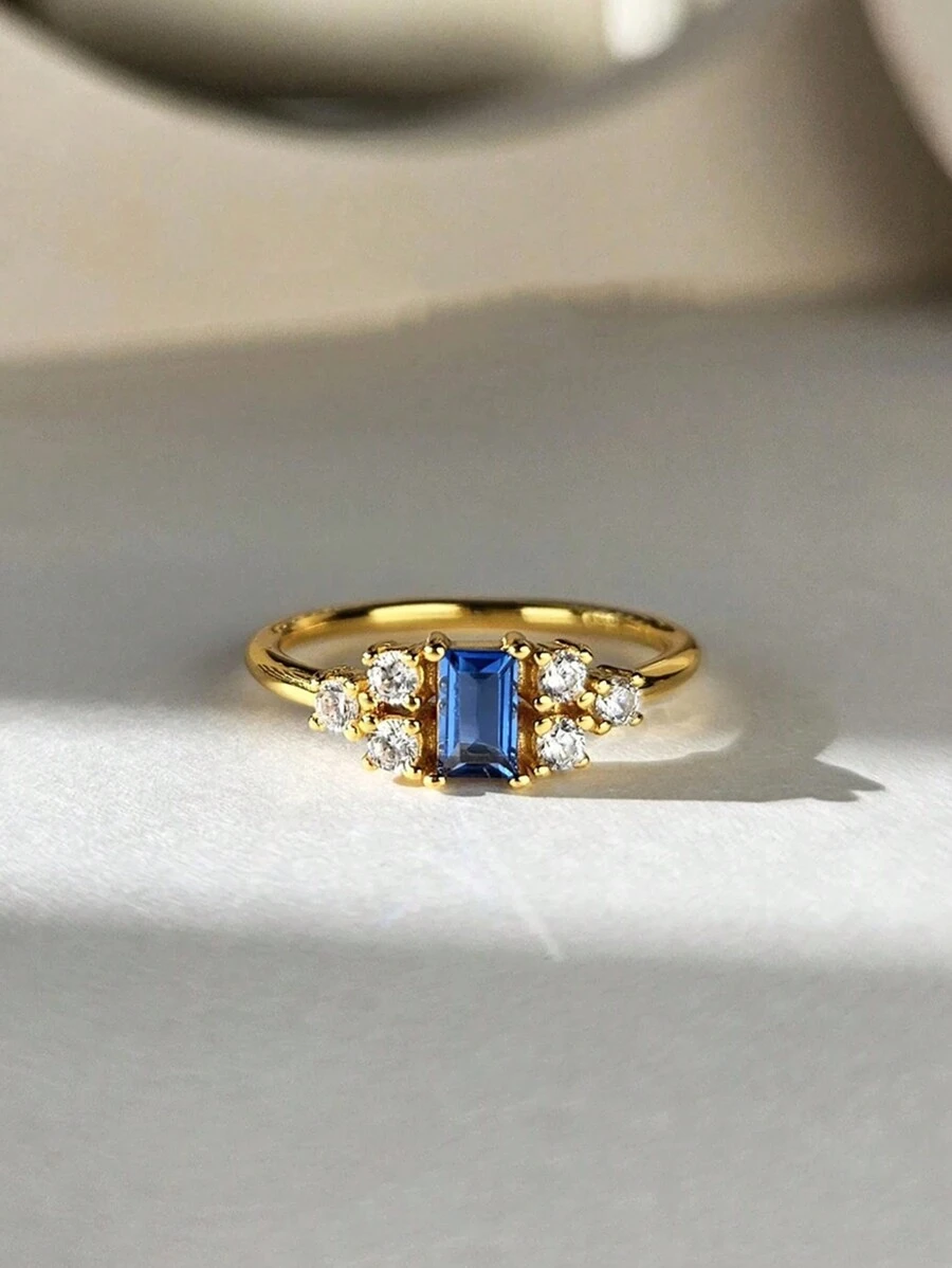 1 pieza Anillo de estilo vintage de plata de ley 925 con zirconia cúbica azul rectangular, regalo de joyería elegante para mujeres, adecuado para uso diario, fiestas y festivales