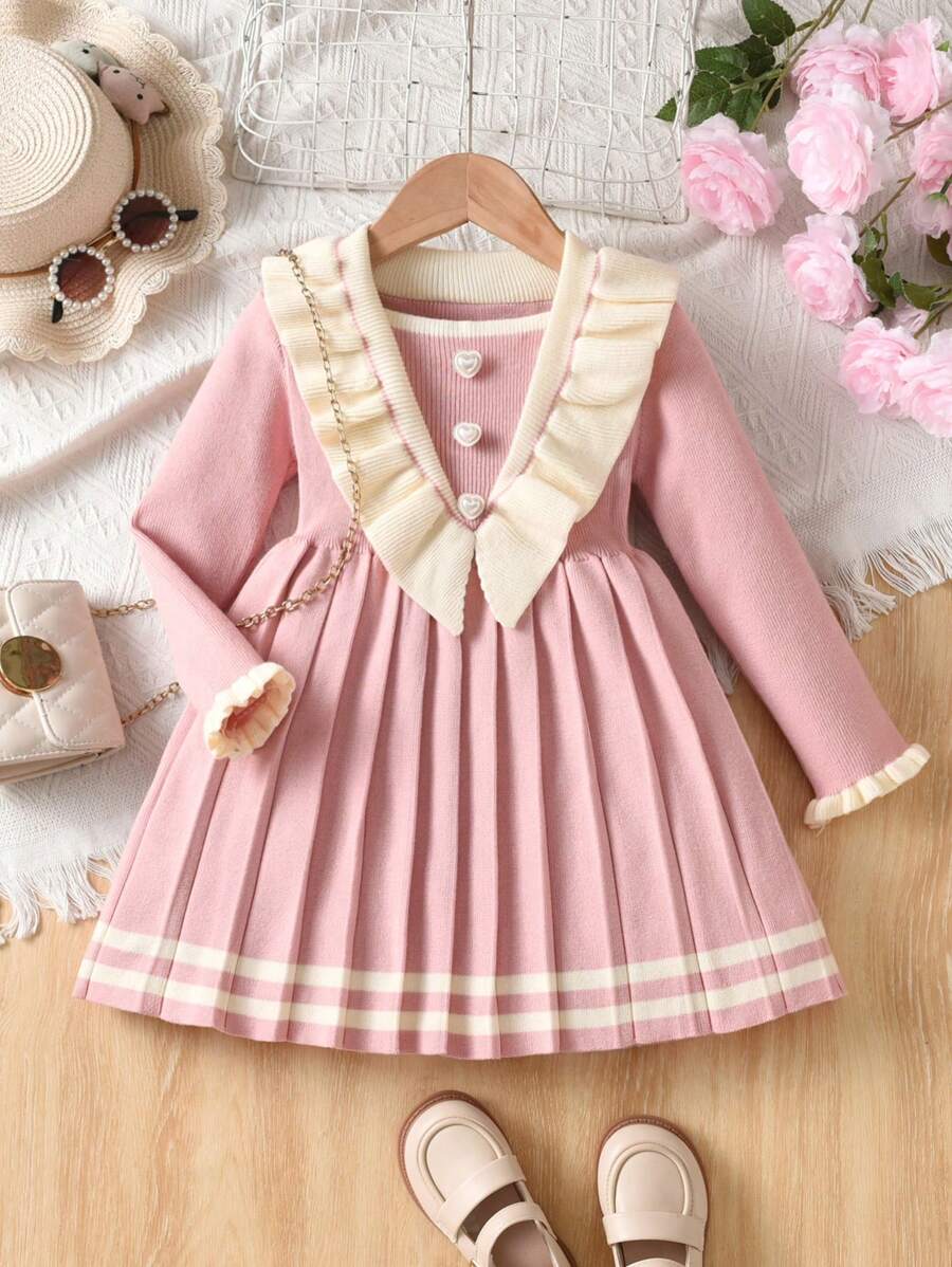 Girl's Knitted Princess Dress, Korean Style - Pink - View 1
