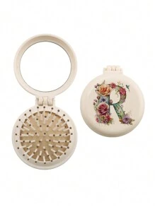 1pc Valentine's Day Flower Aesthetics 26-Letter Mirror Comb, Best Maid Of Honor, Teacher, Friend Gift, Graduation Essential Portable Backrest Comb, Foldable Air Cushion Comb, Travel Camping Essential,Hair Brush,Comb,Hair Tools,Hair Products And Accessories For Barber Salon Beauty Travel Essentials
