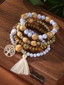 4pcs/Set Bohemian Style Tassel Life Tree Pendant Multilayer Wooden Bead Chain Bracelet