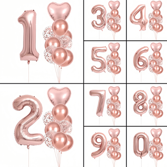 4 件/套数字和心形铝箔气球，混合粉色和蓝色，适合生日、婚礼、情人节派对装饰