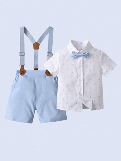 BOARNSEORL 男婴绅士装：带蝴蝶结和背带短裤的短袖衬衫，时尚别致，适合 1 岁生日派对、婚礼和日常穿着