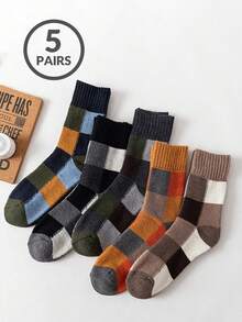 5 Pairs Men's Winter Thickened Thermal Lined Terry Mid-Calf Socks With Plaid Pattern - Multicolor - View 2