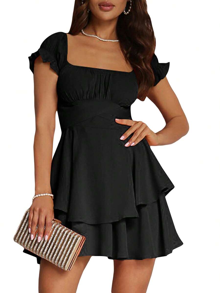 Women's Mini A-Line Dress Solid Color Ruffled Sleeves Square Neck Layered Hem Dress - màu đen - Xem 1