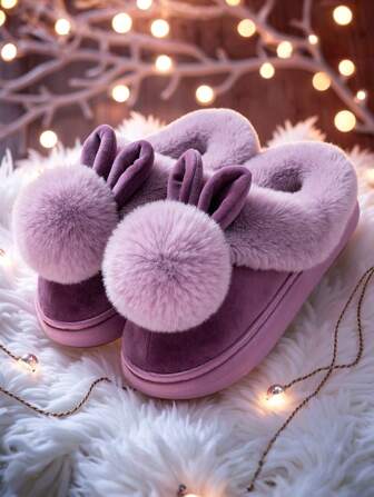 Nya höst/vinter enkelbolls kanintofflor, unisex par enfärgade inomhus halkfria rygglösa tofflor, alla hjärtans dag-present