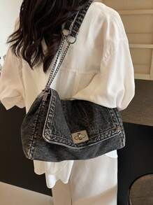Bolso de hombro de moda callejera para mujer, bolso versátil de tela cruzado con cadena, bolso con gran capacidad de unicolor lavado, bolso de mano casual sencillo - Negro - Ver 6