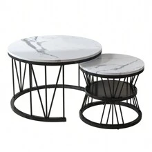 Couchtisch-Set mit 2 Stück, 70 x 45 cm, 45 x 40 cm, runder Tisch, seitlich am Sofa eingelassener runder Couchtisch, Weihnachts-Wohnzimmertisch, MDF-Tischplatte und Metallbeinrahmen - Schwarz - Übersicht 6