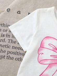 2pcs/Set Young Girl Fashionable Casual Bowknot Print White Short Sleeve Top And Pink Skorts Shorts Set,Cute & Sweet, Suitable For Outings, Holidays, Summer - White - View 5