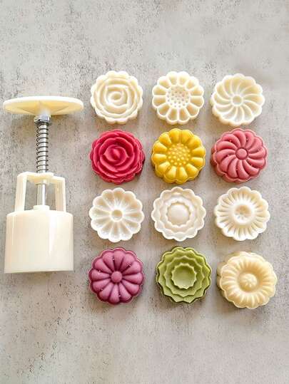 6 件装菊花玫瑰花形月饼模具套装，不粘手压模具，适用于绿豆冰淇淋、卡通蛋糕和烘焙，家庭使用