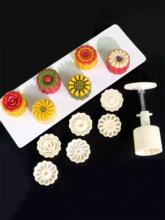 6st Krysantemum & Rose Blomma Formad Mooncake Form Set, Non-Stick handtryckform för Grönbönglass, Tecknad Tårta & Bakning,Hembruk