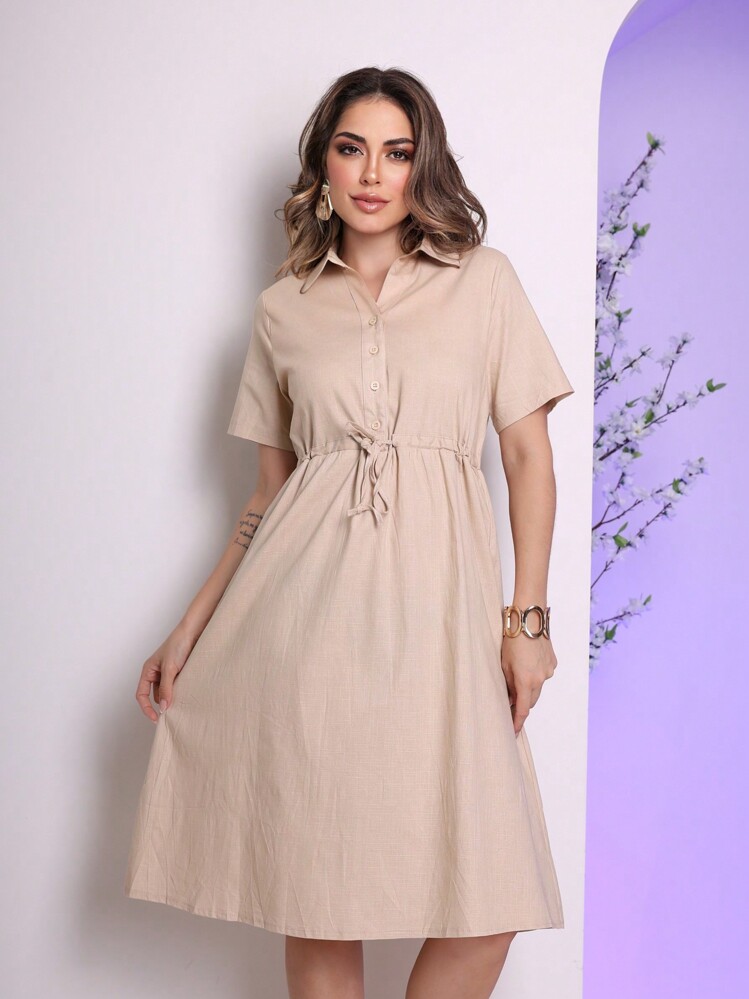 Casual Linen Short Sleeve Dress - Caqui - Añade 1