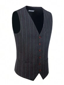 Furuyal Herren Gentleman Business schwarze gestreifte Fischgrätmuster Weste, Slim Fit, Mode, Party, Minimal, Hochzeit Brautjungfer, Reise, Arbeit - Schwarz - Übersicht 4