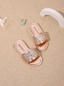 韩版休闲平底凉鞋 夏春女童露趾连体拖鞋 2025新款儿童钻石公主鞋 非常适合外出沙滩海边度假凉鞋 舒适时尚平底鞋 可爱平底凉鞋 - 金色 - 查看 3