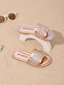 韩版休闲平底凉鞋 夏春女童露趾连体拖鞋 2025新款儿童钻石公主鞋 非常适合外出沙滩海边度假凉鞋 舒适时尚平底鞋 可爱平底凉鞋 - 金色 - 查看 6