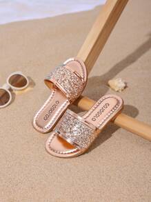 韩版休闲平底凉鞋 夏春女童露趾连体拖鞋 2025新款儿童钻石公主鞋 非常适合外出沙滩海边度假凉鞋 舒适时尚平底鞋 可爱平底凉鞋 - 金色 - 查看 2