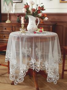 1 Pc Elegant Floral Embroidered Lace Tablecloth, Vintage Pattern Suitable For Indoor & Outdoor Events, Parties, Weddings, Dinners, Restaurants, Square & Round Tables - Light Brown - View 2