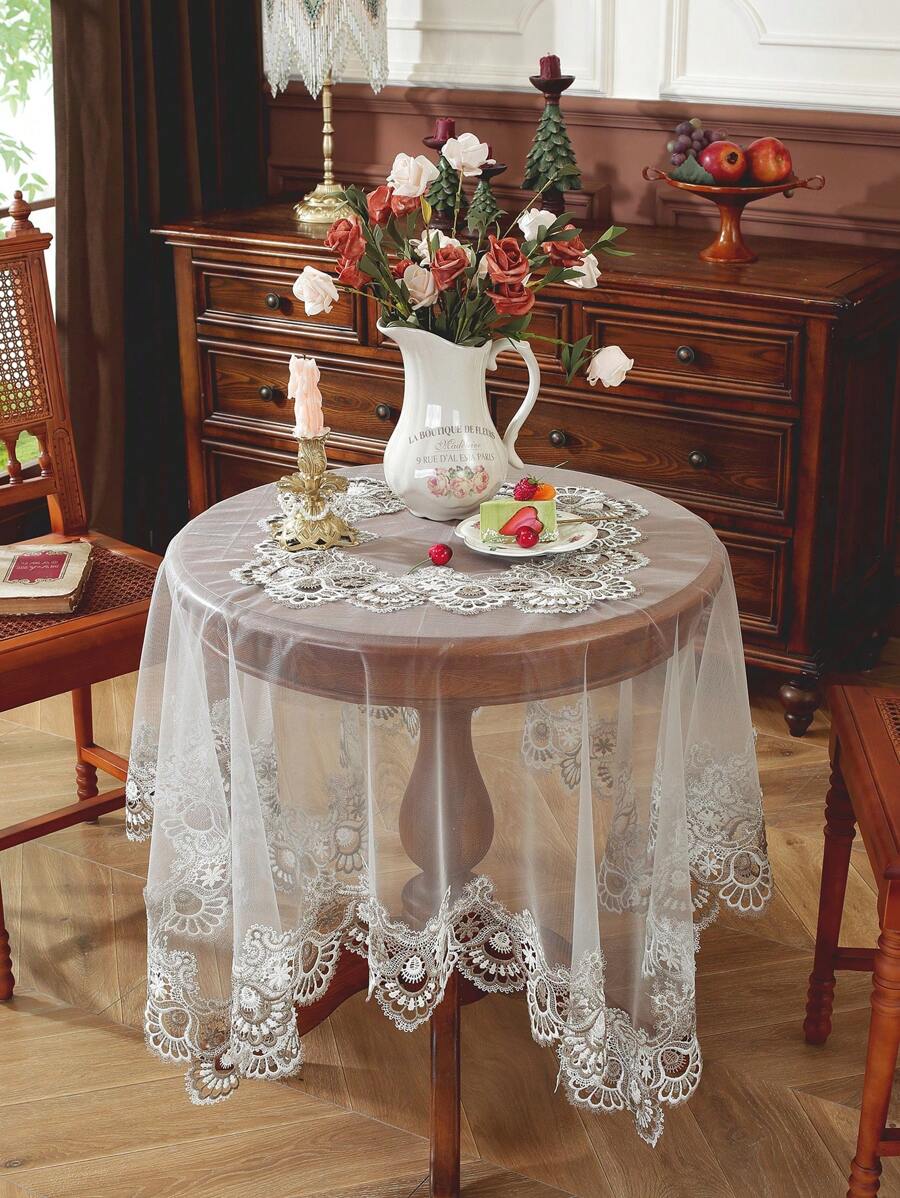1 Pc Elegant Floral Embroidered Lace Tablecloth, Vintage Pattern Suitable For Indoor & Outdoor Events, Parties, Weddings, Dinners, Restaurants, Square & Round Tables - Light Brown - View 1