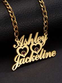 1 件 18k 金定制不锈钢首饰，新款不锈钢 DIY 双名字字母项链简约空心心形吊坠配钻石项链，NK 项链，含精美礼盒，情人节礼物 - 金色 - 查看 2