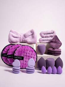 2/4/5/26 件面部清洁工具套装：化妆海绵和粉扑、头带、腕带、气垫化妆粉扑，包括：1 个蝴蝶结头带、2 个腕带、3 个卸妆粉扑、4 个化妆海绵、4 个迷你化妆海绵、4 个三角形化妆海绵、4 个手指化妆粉扑、4 个心形气垫化妆粉扑、粉底混合美容海绵 - 彩色 - 查看 17