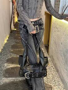 New Fashion Versatile Daily Solid Color Pleated Rivet Retro Punk Style Single Shoulder Bag Handbag Large Capacity Casual Niche Single Shoulder Bag - Black - View 4