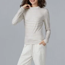 Camisetas de manga larga para mujer, camisas de rayas con cuello redondo, blusas informales ajustadas de primavera, ropa de calle