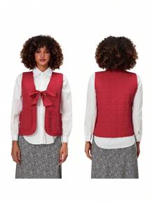 Women's Spring Autumn Vest Coat V Neck Tie Front Sleeveless Solid Color/Plaid Jacket - Red - View 2