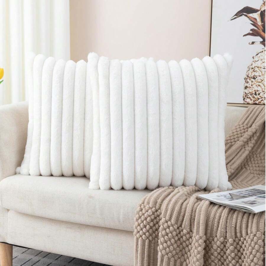 1 Pack 2pcs Striped Plush Pillow Cover, Modern Faux Fur Square Soft Fluffy Cushion Cover, Suitable For Living Room, Sofa, Bedside, Home Use