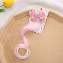 Pink Hair Extensions For Kids Glitter Hair Clips With Braided Curly Wig Extensions For Hair Braiding Ponytails Princess Costume Dress Up Accessories Bowknot Hair Clips For Little Girls (Mesh/Sequins/ Pentagram) - Pink - View 7