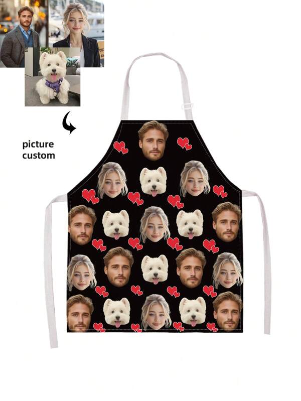 1pc Polyester Apron, Customized Portraits Of People And Animals, Valentine's Day Apron Kitchen Aprons For Women Men, Waterproof Printed Aprons, Printed Personalized Aprons, Valentine's Day, Christmas Custom Aprons, Custom Personalized Aprons, Print Photos For Friends, Couples, Family, Colleagues, Ideal Gifts For Birthdays, Anniversaries, Polyester Aprons, Kitchen Supplies, Promotional Gift Aprons, Valentine's Day Gifts