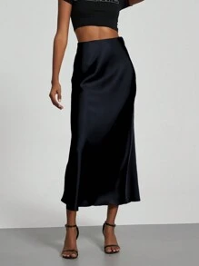 YROOE Fashion Women Casual Minimalist Elegant Elastic Satin Quality Satiny Skirt Spring - Dark Blue - View 7