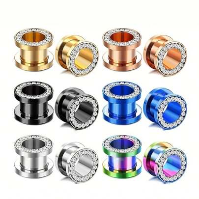 AVYRING 2PCS Stainless Steel Crystal Zirconia Ear Tunnels Plug Screw Fit Colorful Ear Flesh Gauge Ear Expanders Piercing Jewelry 4-16mm