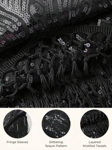 BABEYOND 1920s Plus Size Flapper Dress Long Fringed Gatsby Dress Plus Sequins Beaded Vintage Dress - 黑色 - 查看 3