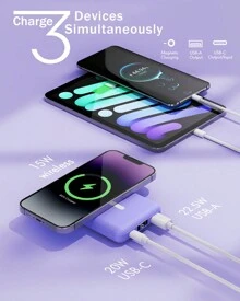 Podoru 适用于 Magsafe 电池组，10000mAh 磁性移动电源，带 Type-C 电缆 LED 显示屏 22.5W PD 快速充电无线便携式充电器，适用于 iPhone 16/15/14/13/12 系列，适用于 Apple iPhone、iPad、Android 手机，适合家人、朋友、生日、冬季、情人节、复活节的礼物，适合户外玩耍、购物、旅行、便携式电源、户外探险和紧急情况，超级快速充电，磁性无线充电宝，安全稳定 - 紫色 - 查看 5